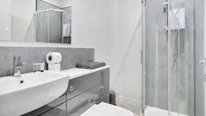 A modern bathroom with a glass-enclosed shower, a large sink, and a mirror above the vanity.
