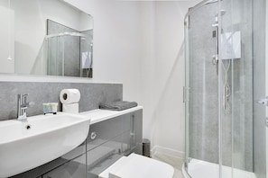 A modern bathroom with a glass-enclosed shower, a large sink, and a mirror above the vanity.