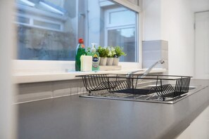 A kitchen with a window, a dish rack, and a plant on the windowsill. - Family two Bedroom Home Free Parking and Backyard (Crook)