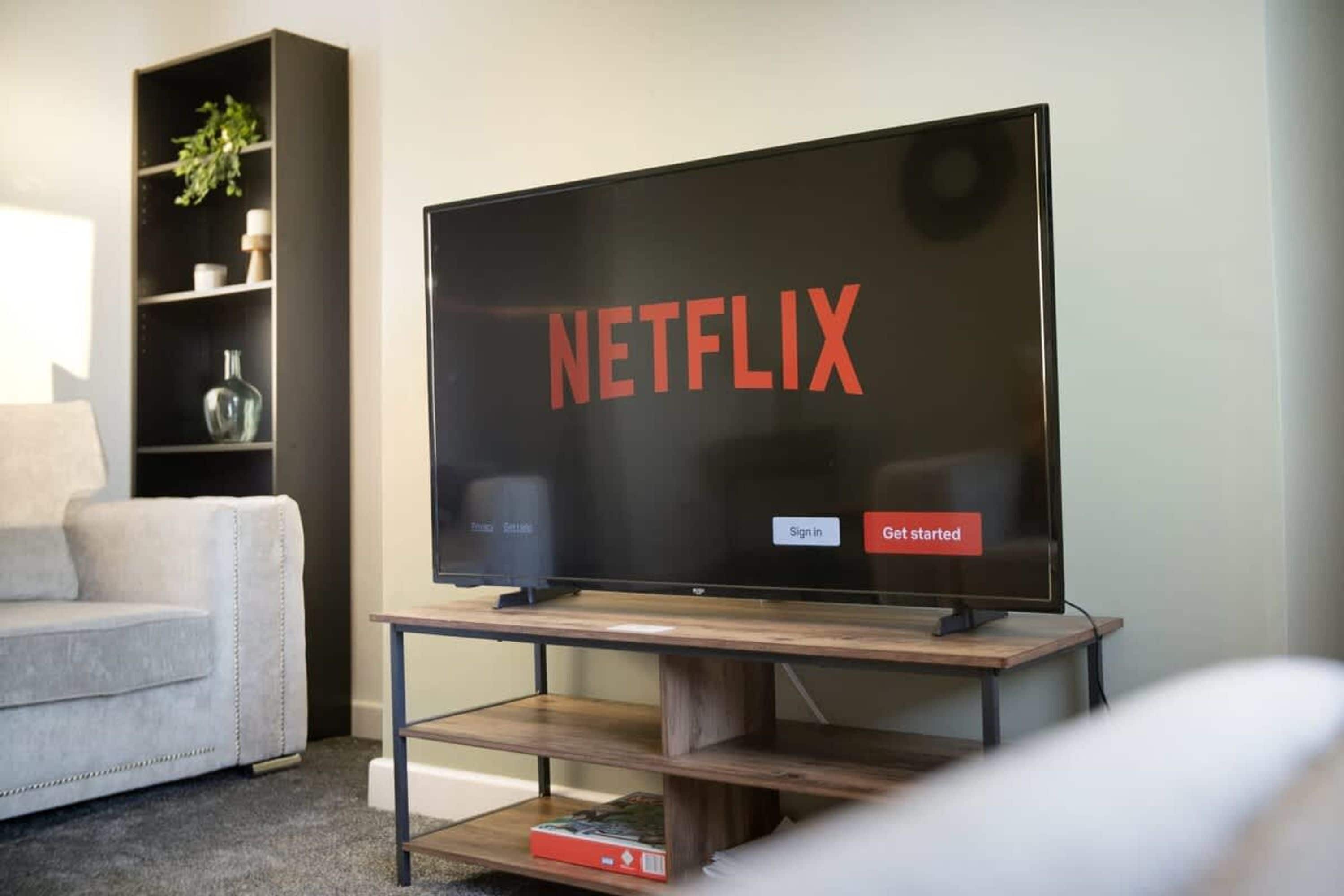 A flat-screen TV on a wooden stand with the Netflix logo and sign-in options displayed.