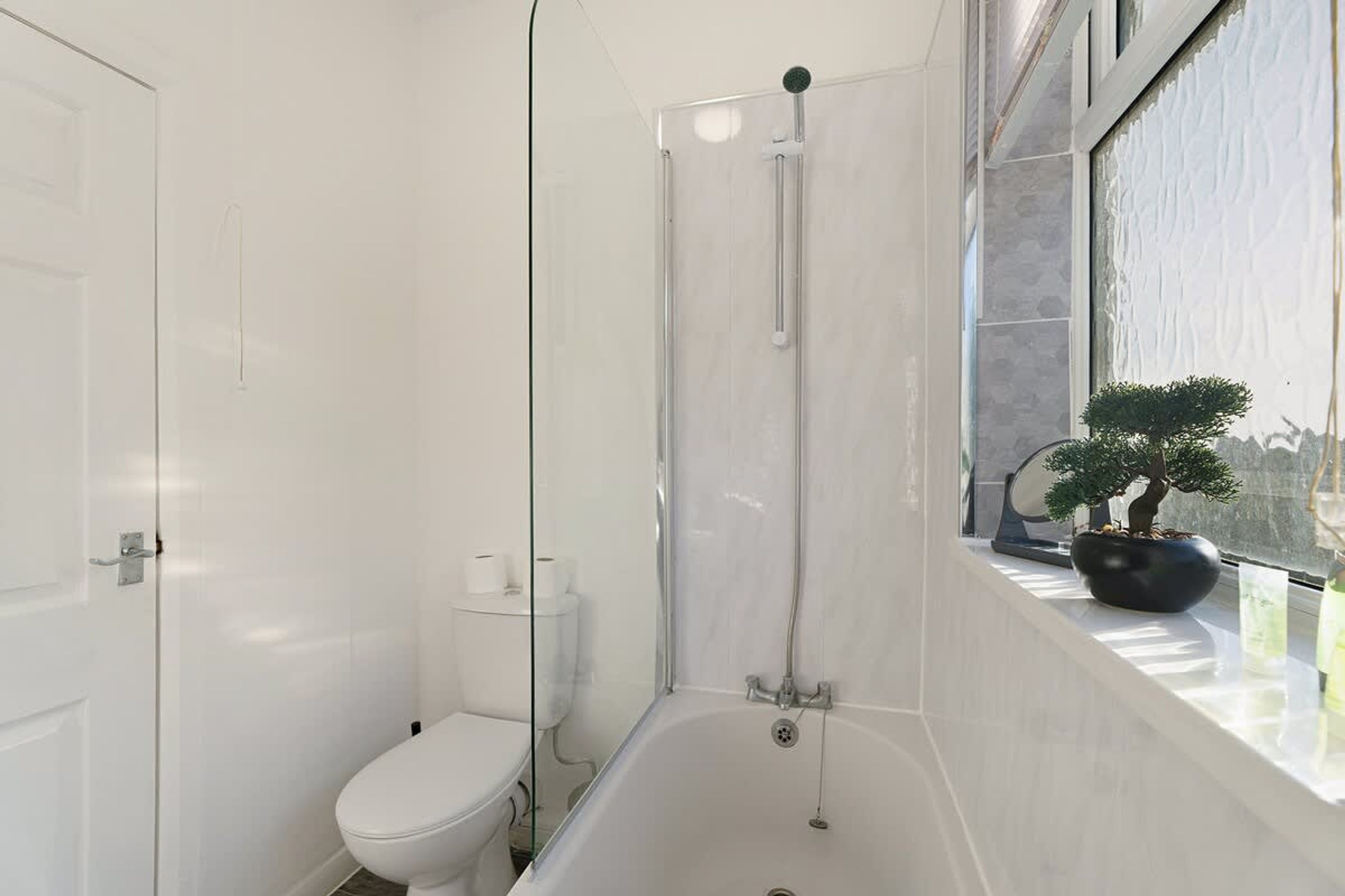 Ein modernes Badezimmer mit einer gläsernen Duschkabine, einer weißen Toilette und einem Fenster mit einem Blumentopf.