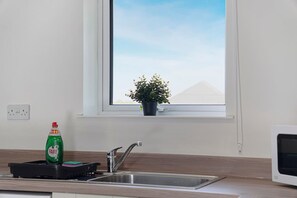 A kitchen with a window, a sink, a dish rack, and a bottle of dish soap. - 1 Bedroom With Sofa Bed Near Train Station (Darlington)