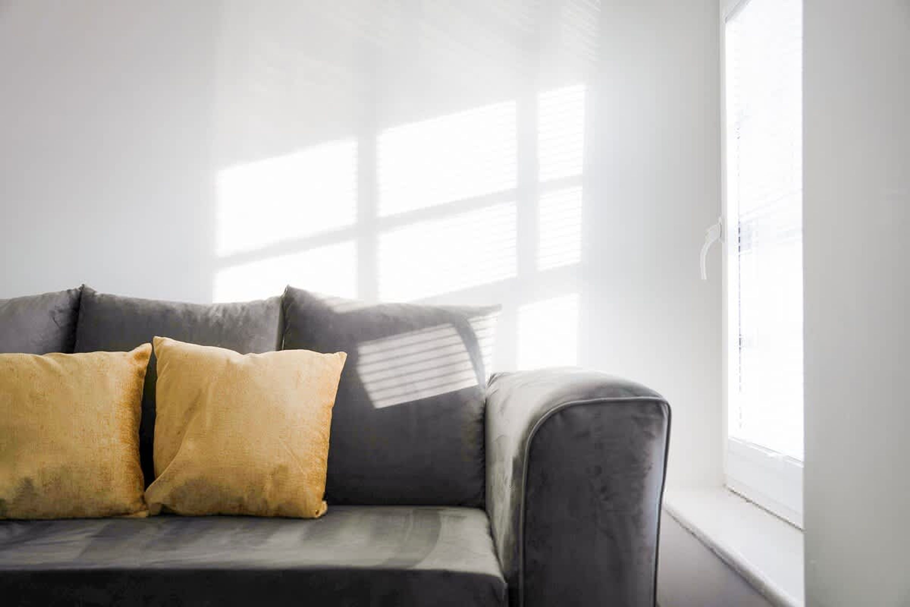 A grey sofa with two cushions, a window with blinds, and a white wall.