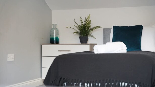 A bedroom with a bed, a bedside table with a plant, a bottle, and a pillow. - Modern 3 Bed Home With Garden Free Parking Wi-fi (Middlesbrough)