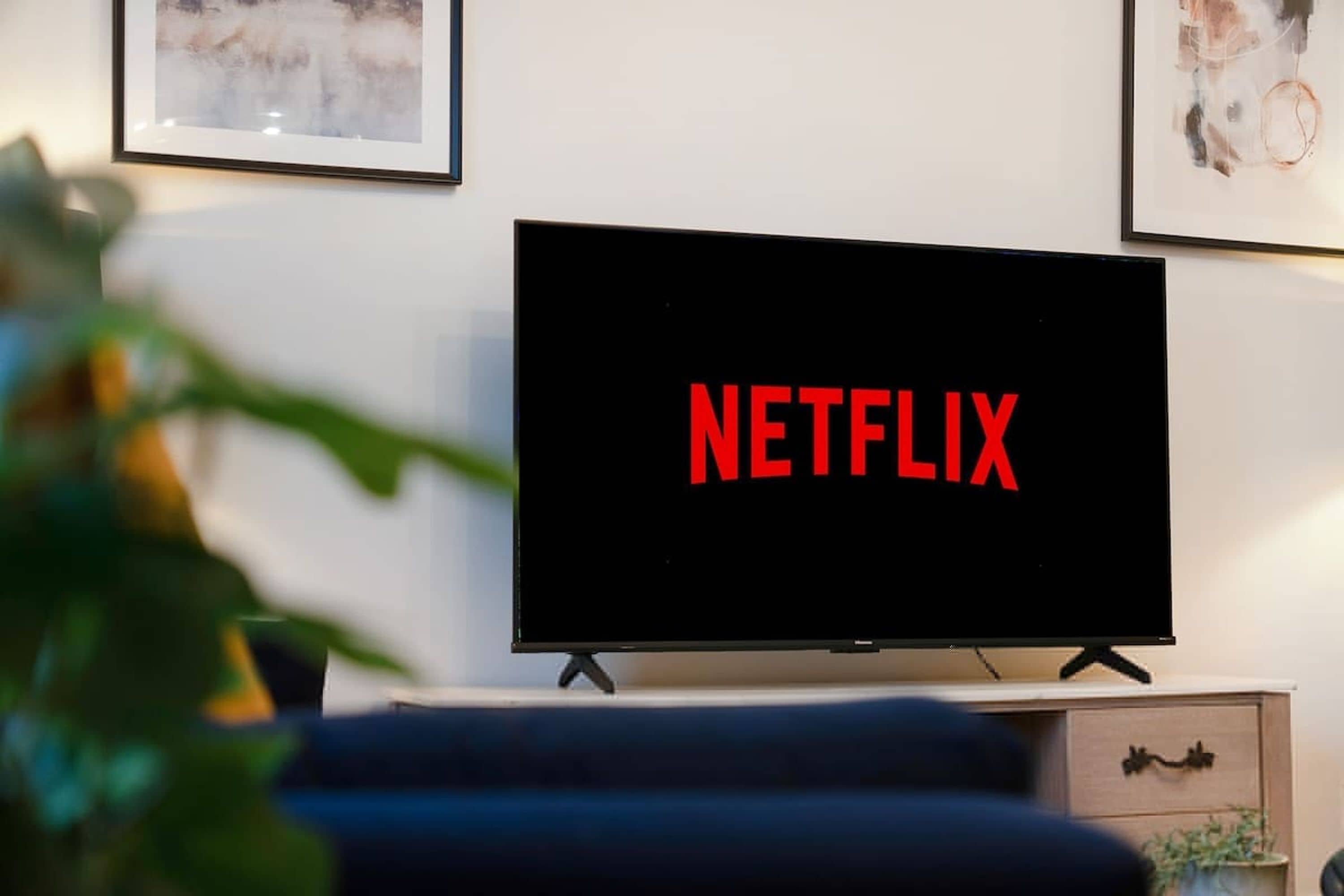 A television with the Netflix logo on a stand in a room.