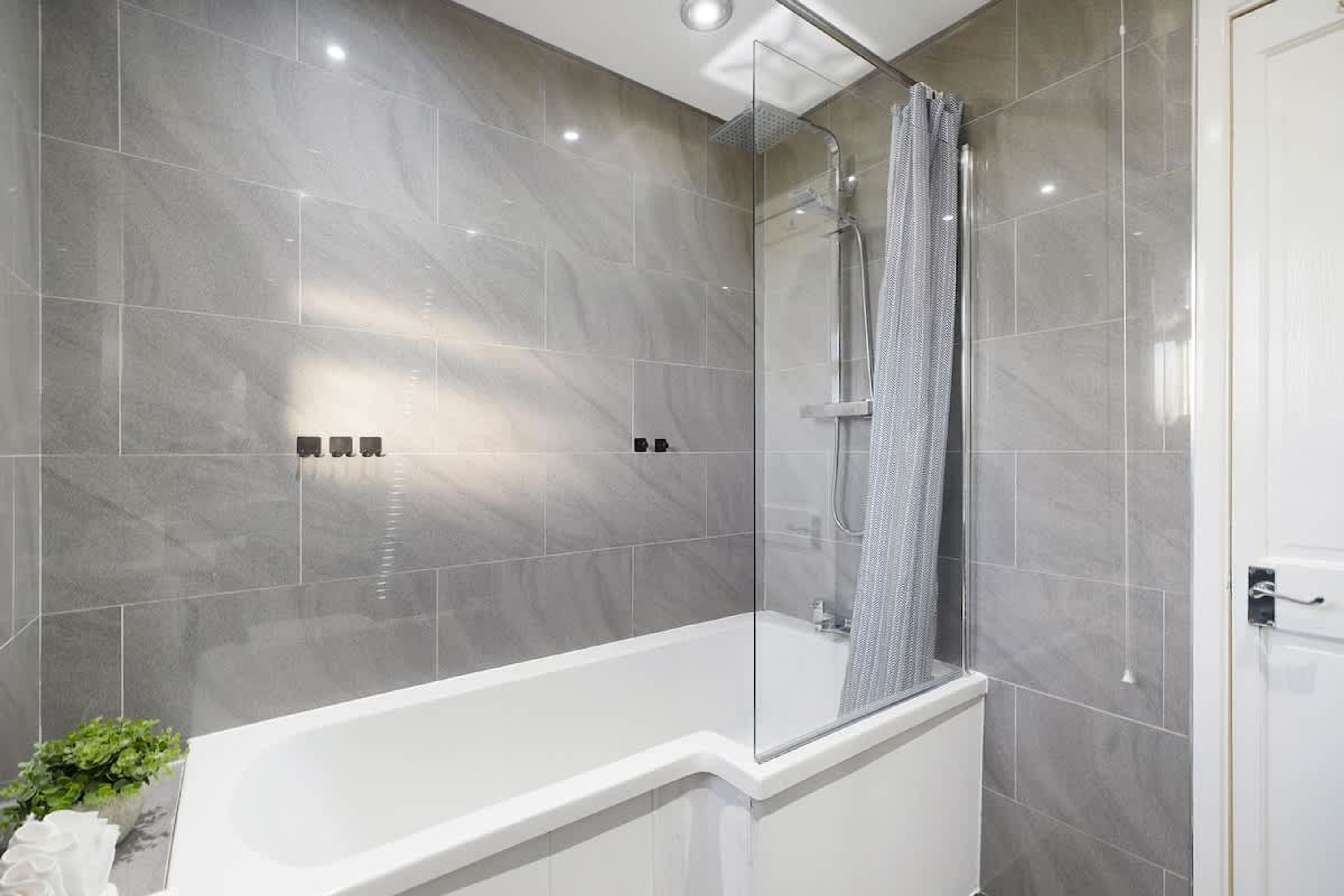 A modern bathroom with a glass-enclosed shower, a white bathtub, and a potted plant.
