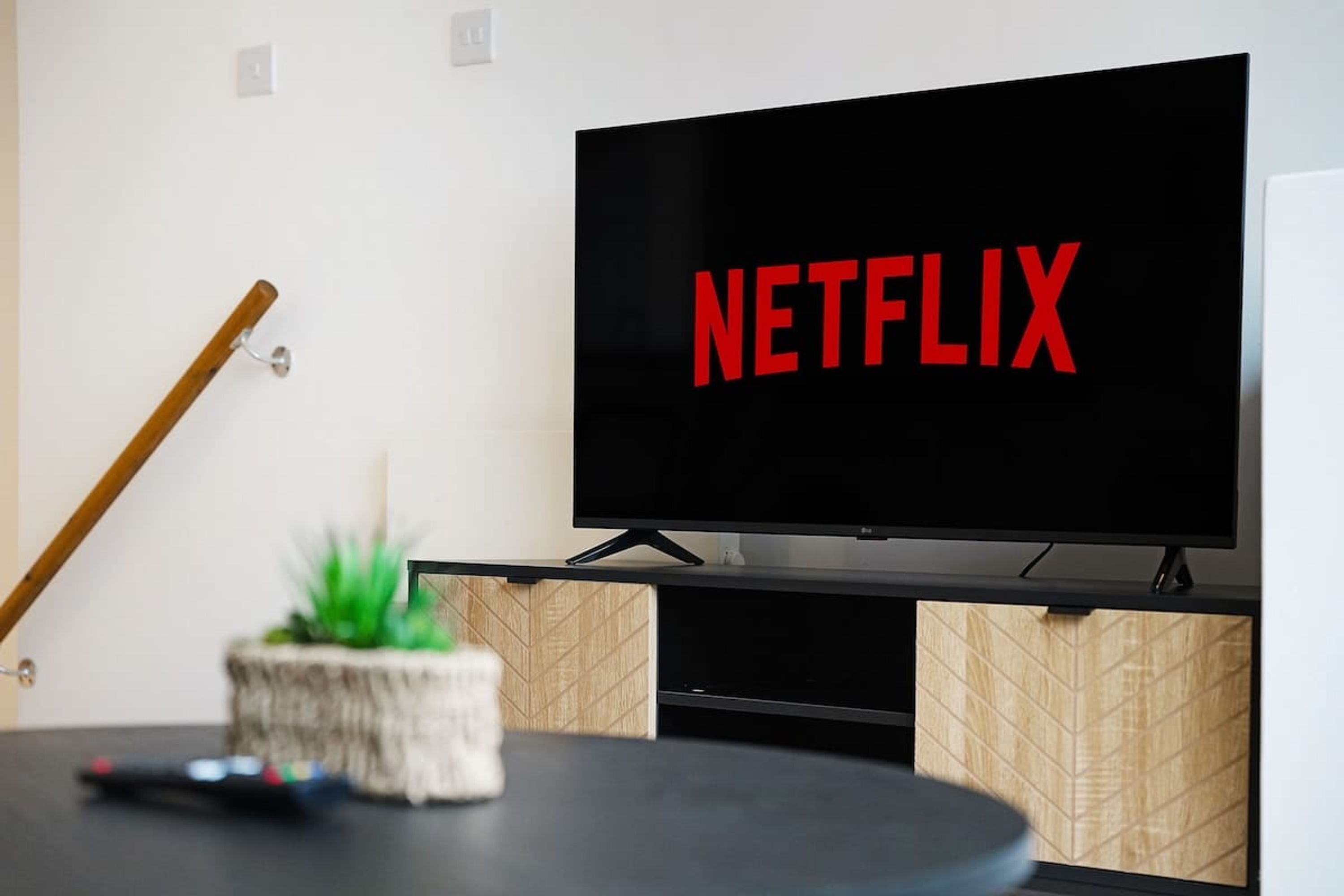 A modern living room with a television displaying the Netflix logo, a remote control, and a small plant on a wooden table.