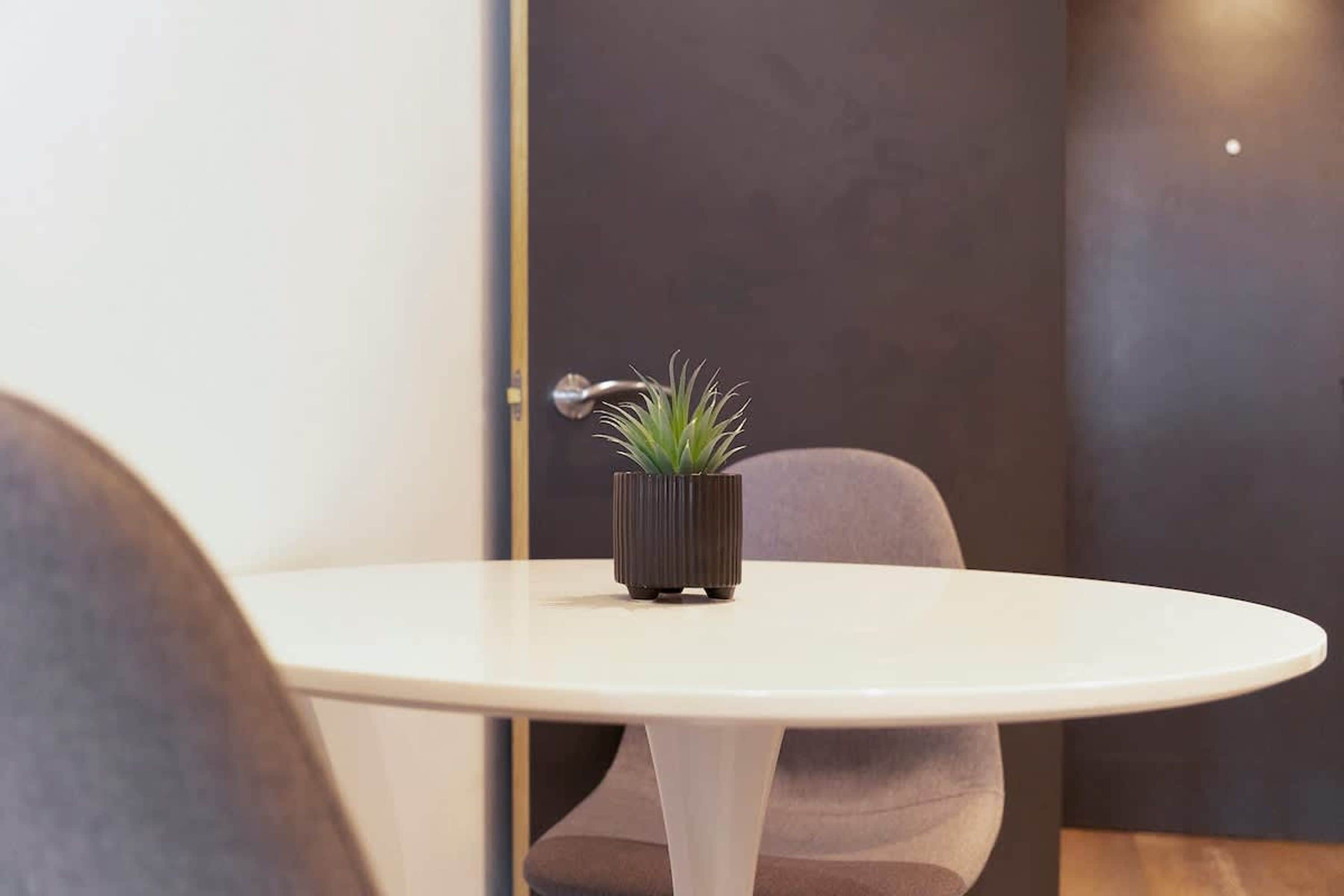 A round white table with a potted plant in the center, a door with a handle, and a chair with a dark cushion.