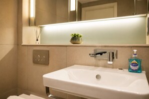 A bathroom with a white sink, a mirror, a potted plant, and a bottle of Carex hand soap. - Modern Studio by Stay With Us (Salford)