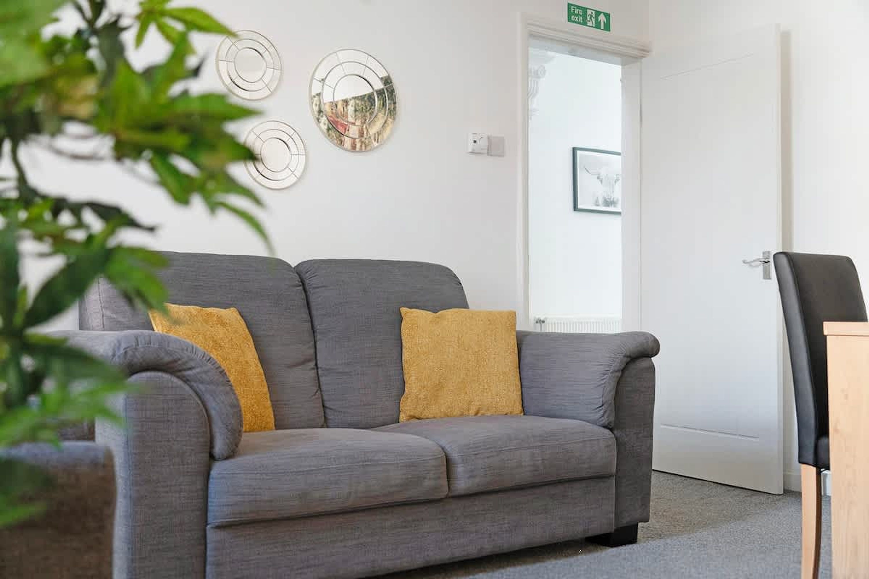 A grey sofa with two cushions, a door with an exit sign, and a plant in the foreground.
