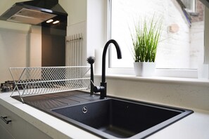 A kitchen sink with a black faucet, a mesh drying rack, and a potted plant on the windowsill. - The Woodrouffe Retreat (Carlisle)