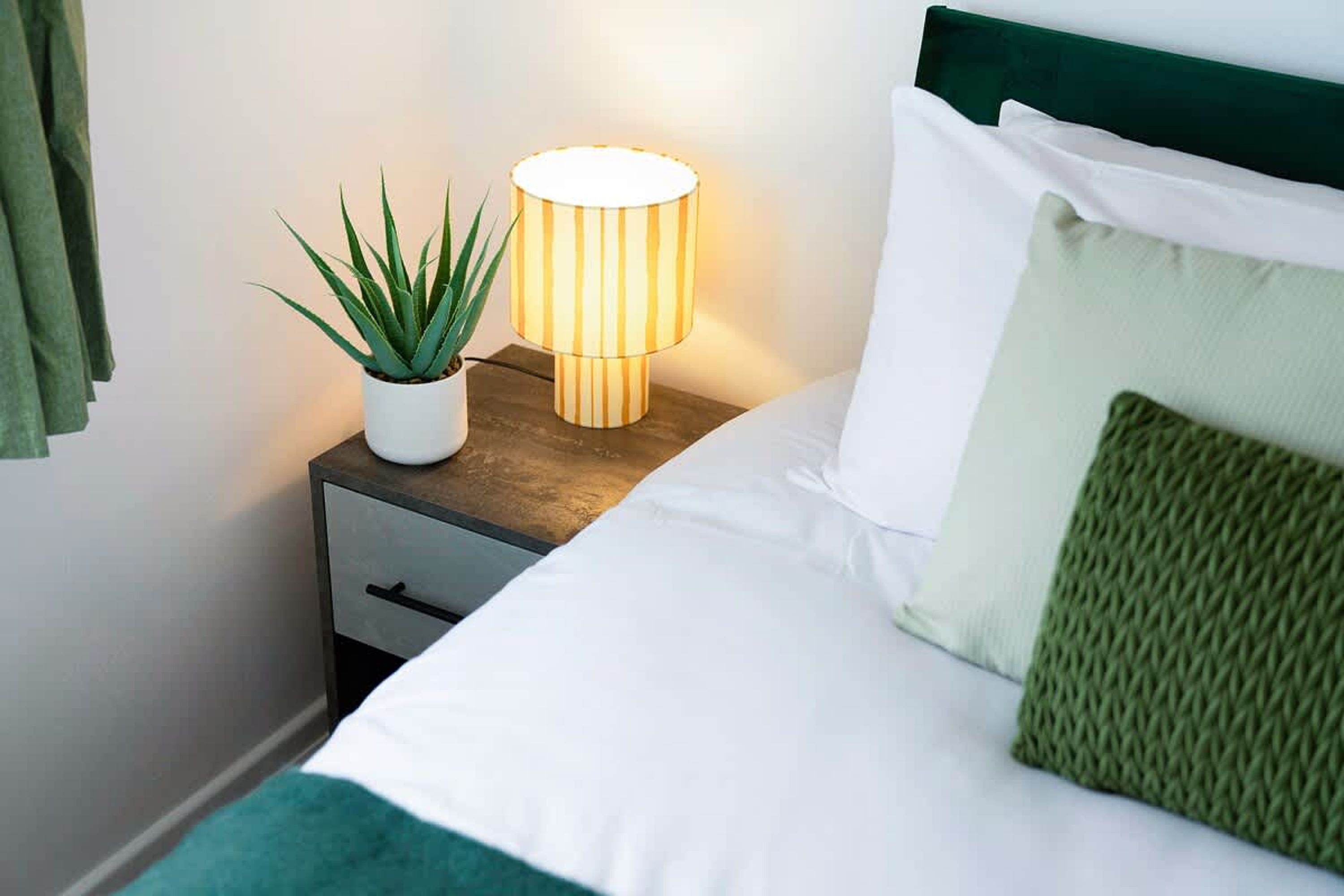 A neatly made bed with white bedding and a green pillow, a bedside lamp, and a potted plant on a wooden nightstand.