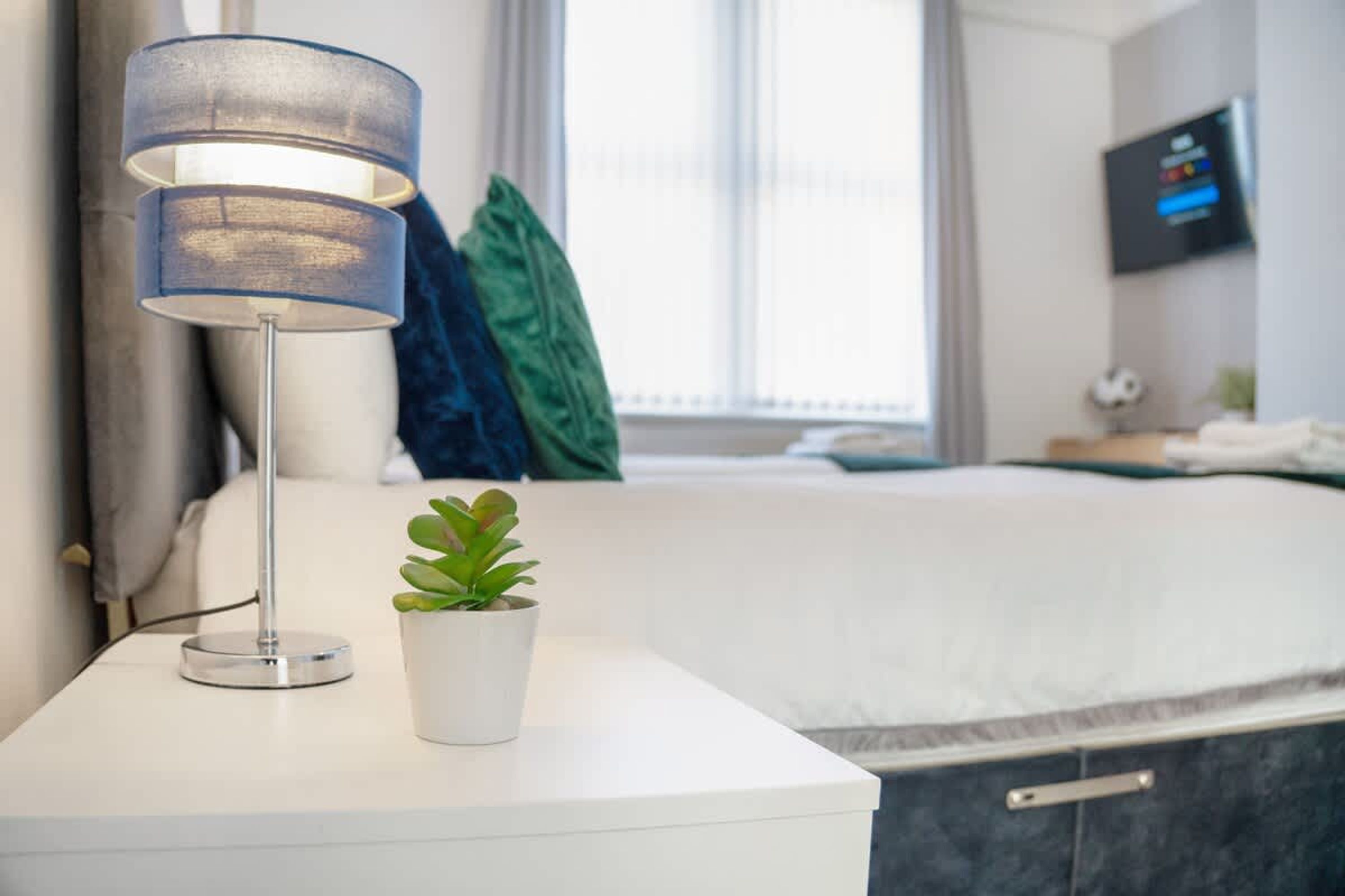 Habitación de hotel con cama, mesita de noche con lámpara, planta pequeña en maceta y televisor montado en la pared.