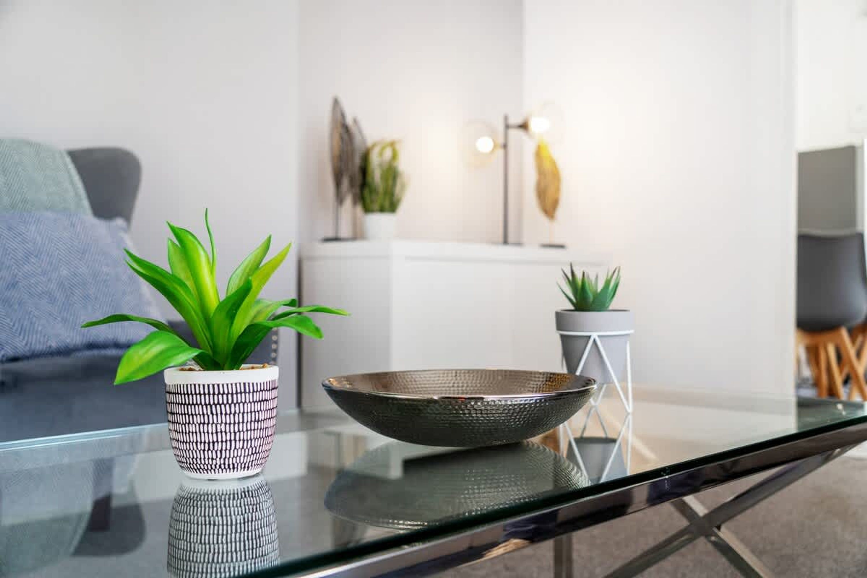 A modern living room with a glass coffee table, two potted plants, a decorative bowl, and a minimalist decor style.