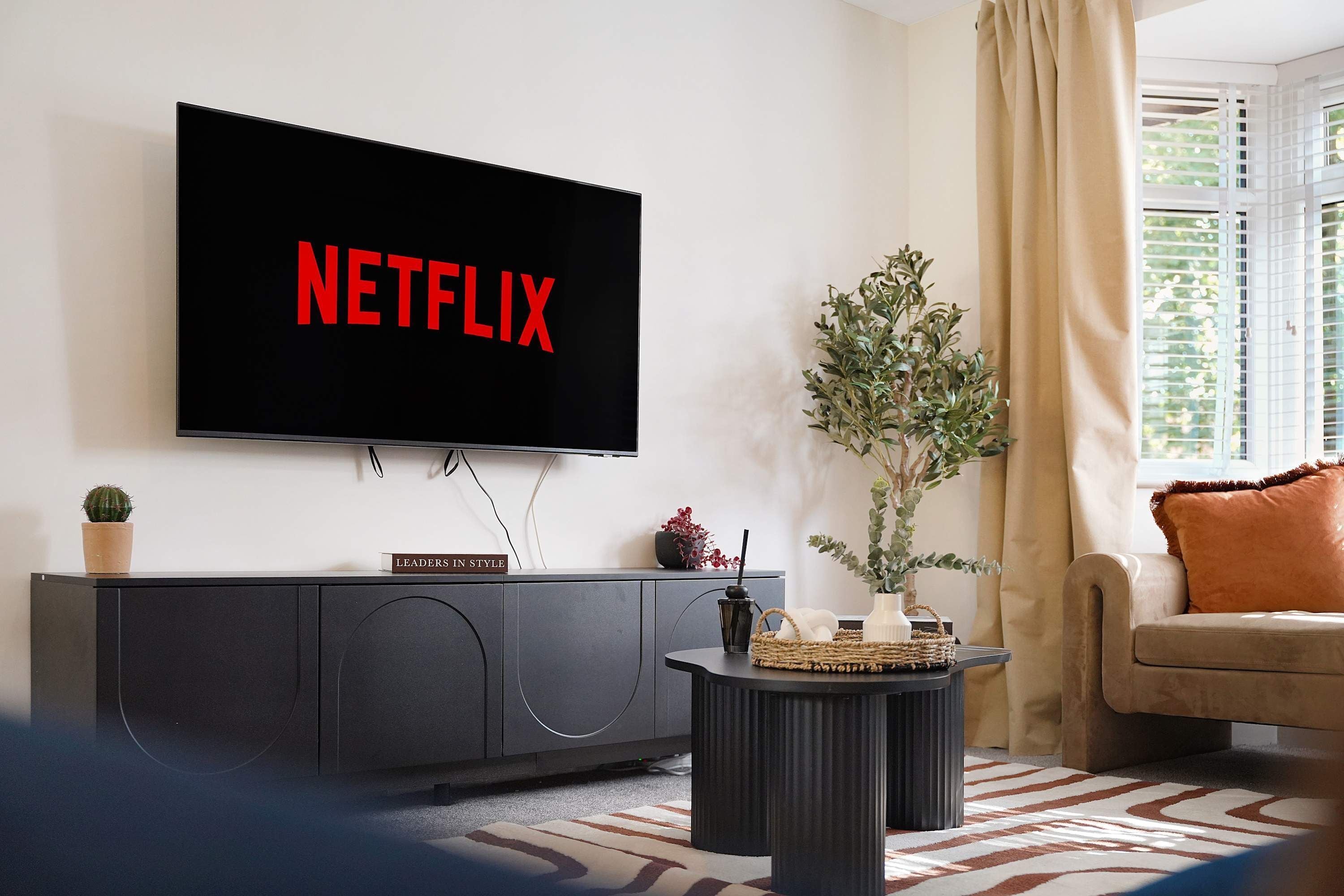 A living room with a flat-screen TV mounted on the wall displaying 'NETFLIX', a dark-colored sofa, a small round coffee table, a potted plant, and a window with curtains.