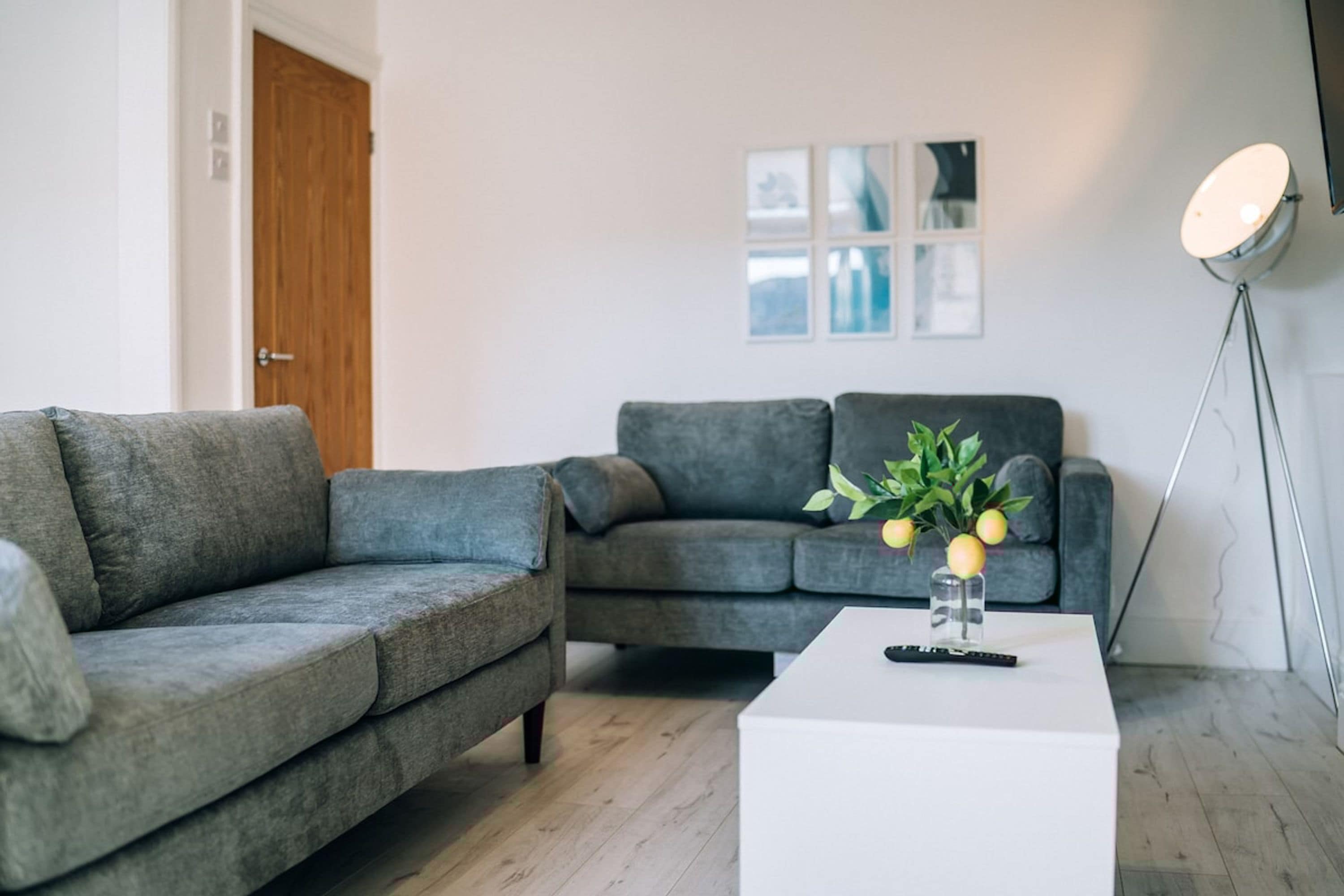 A living room with two grey sofas, a white coffee table with a remote control, and a small plant.
