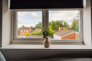 Una ventana con vistas a casas y una planta en un florero en el alféizar.