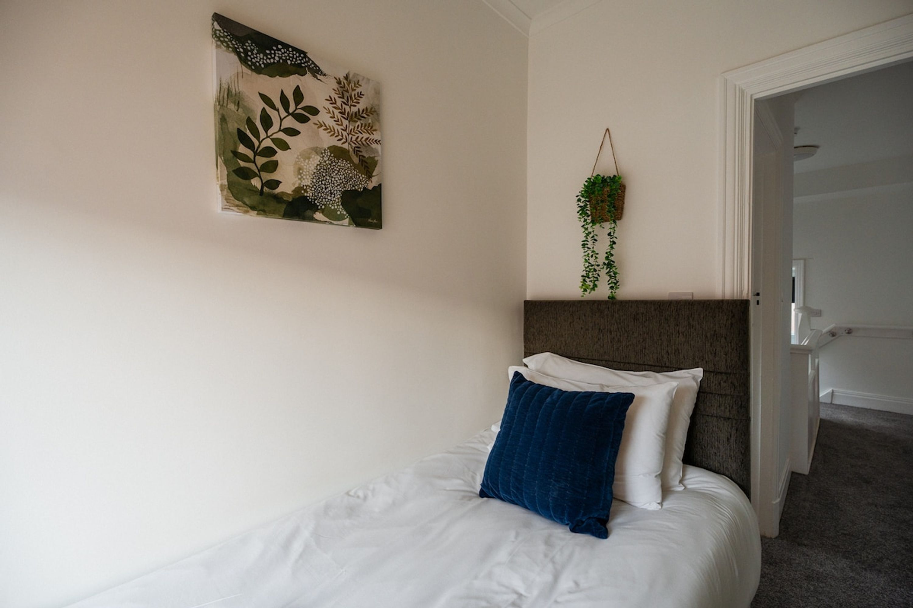 A bedroom with a bed, a wall-mounted artwork, and a hanging plant.