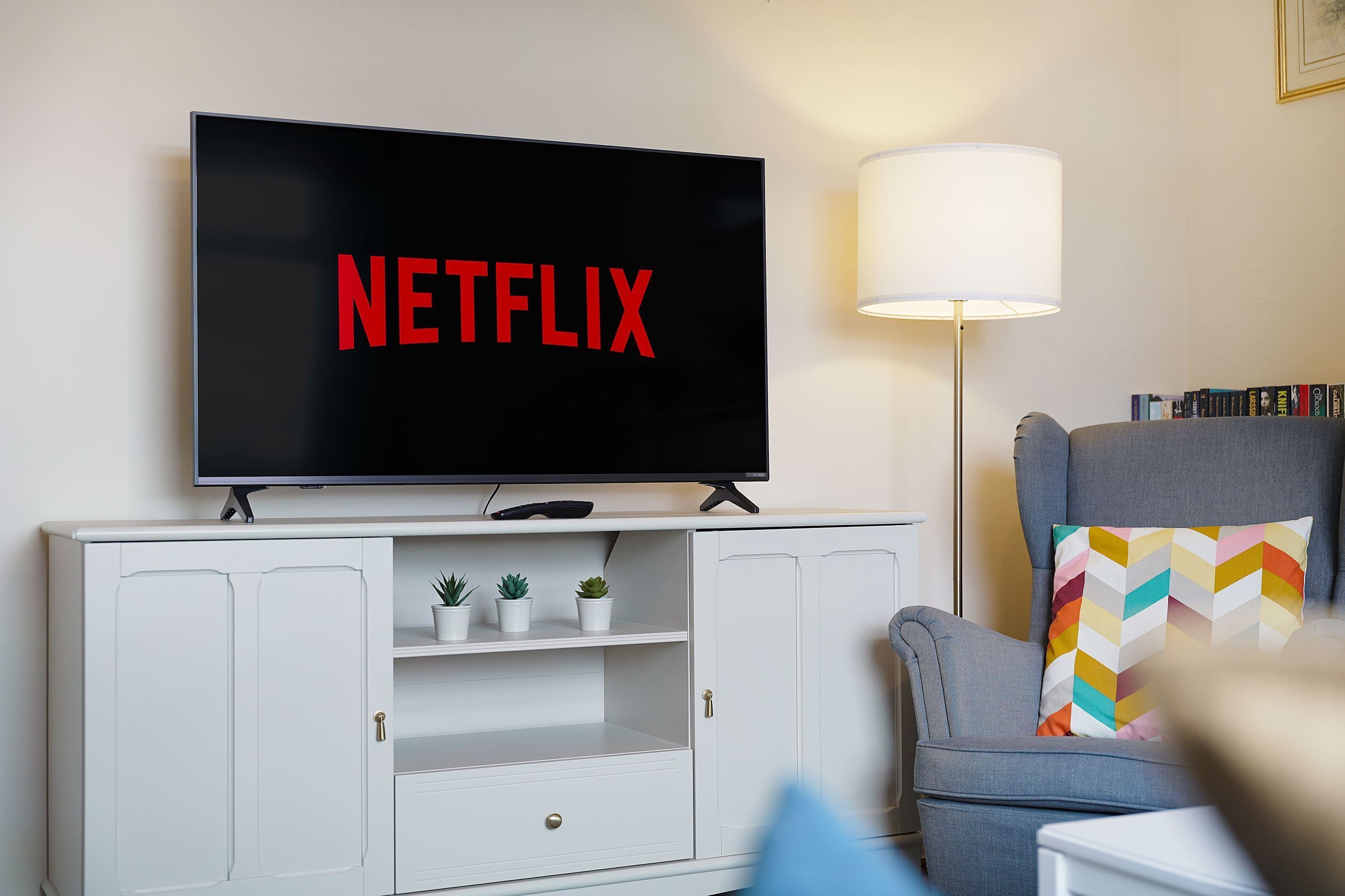 A living room with a television displaying 'NETFLIX' in red letters, a lamp, a bookshelf, and a grey armchair with a colorful pillow.