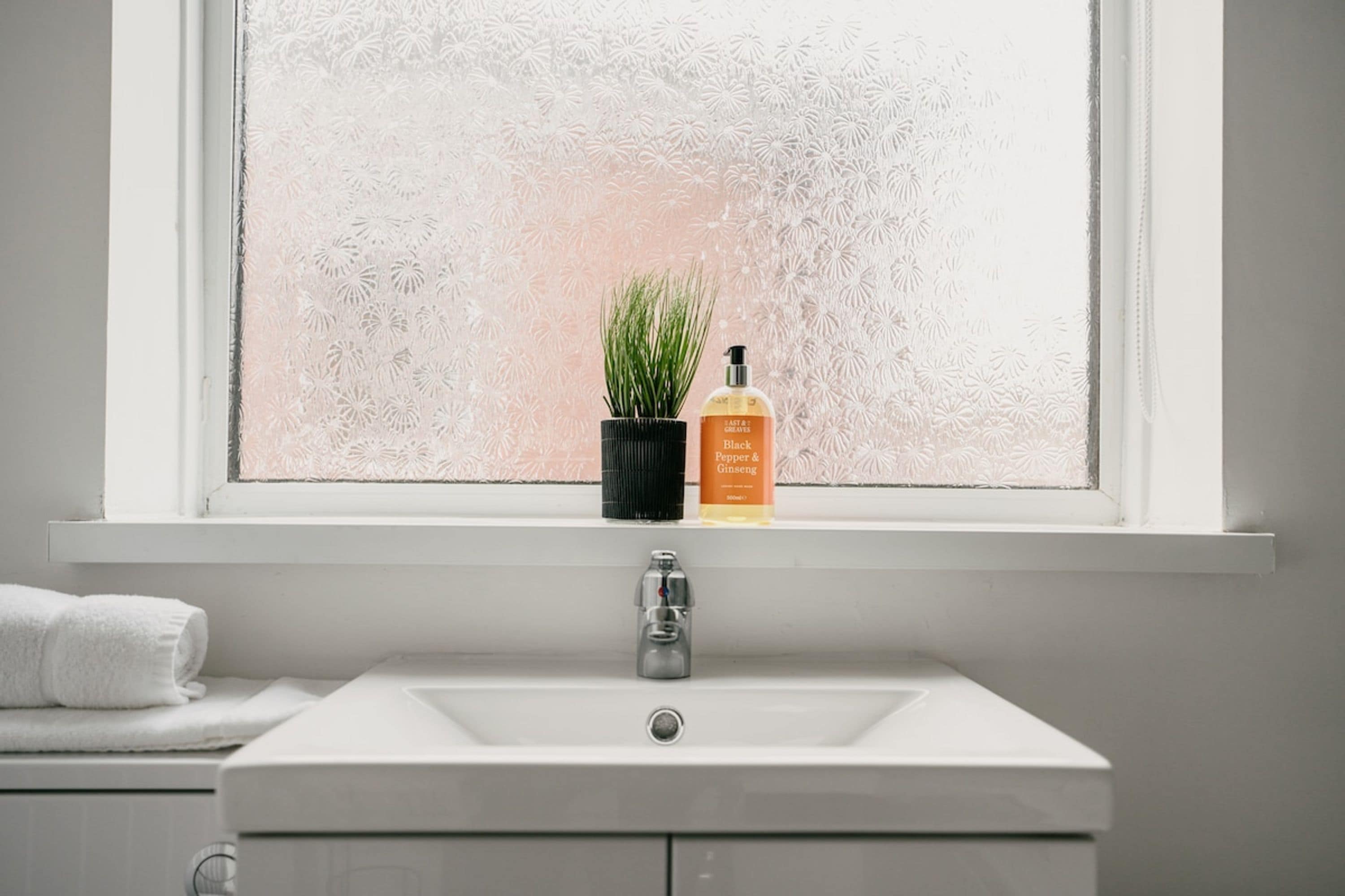 A bathroom with a white sink, a window with frosted glass, and a potted plant.