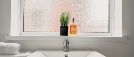 A bathroom with a white sink, a window with frosted glass, and a potted plant.