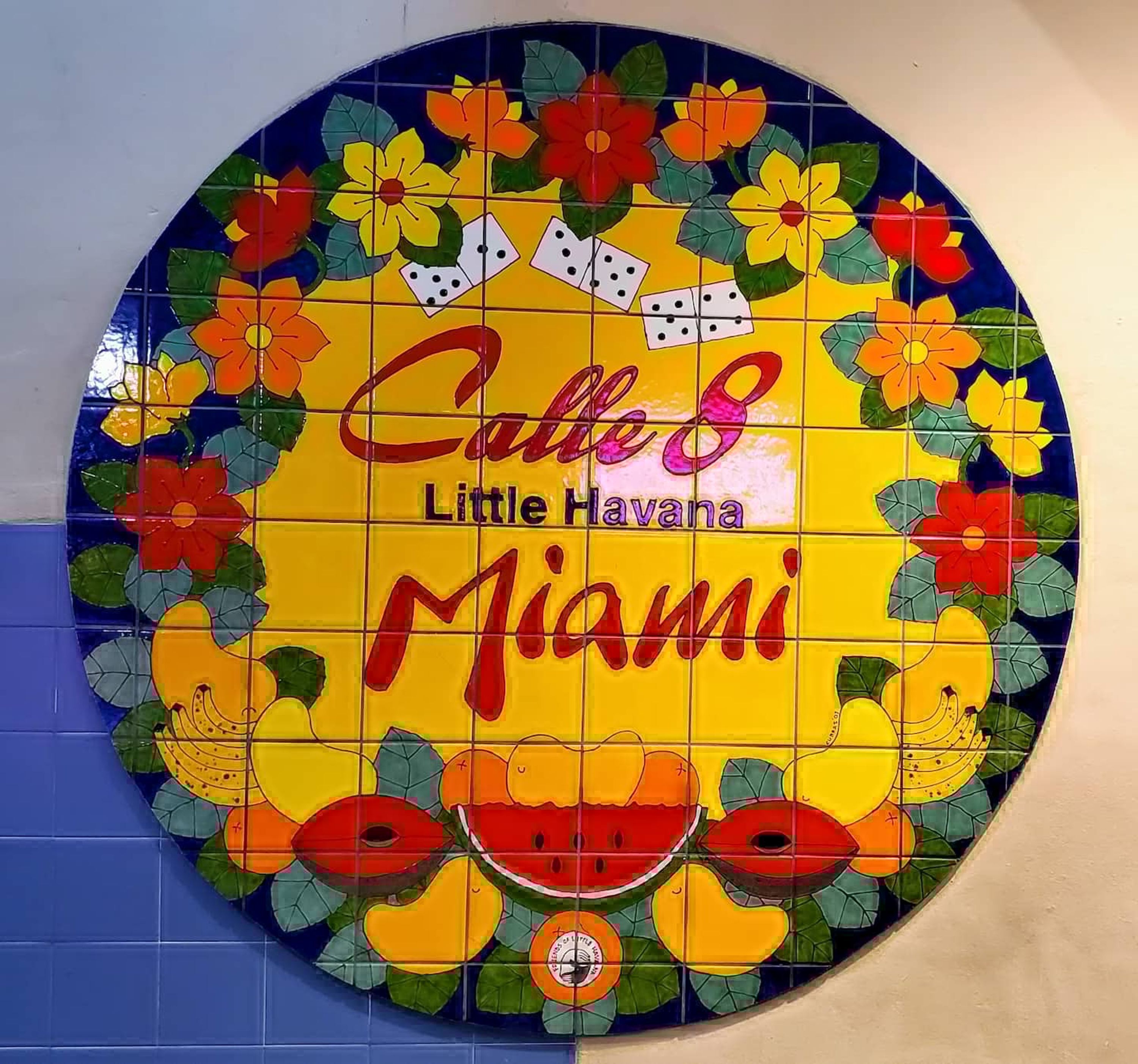 A colorful tile with 'Calle 8 Little Havana Miami' written on it.