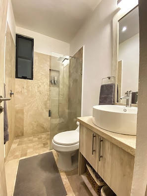 Ein modernes Badezimmer mit Duschkabine aus Glas, Toilette und Waschbecken mit Spiegel.
