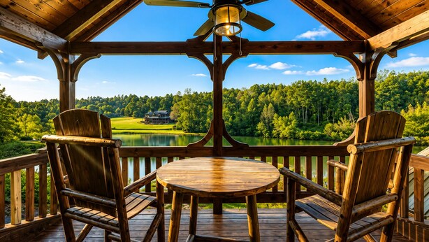 Eine Holzterrasse mit Tisch und Stühlen mit Blick auf einen See und einen Wald.