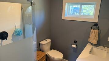Une salle de bain avec des toilettes, un lavabo et une douche.
