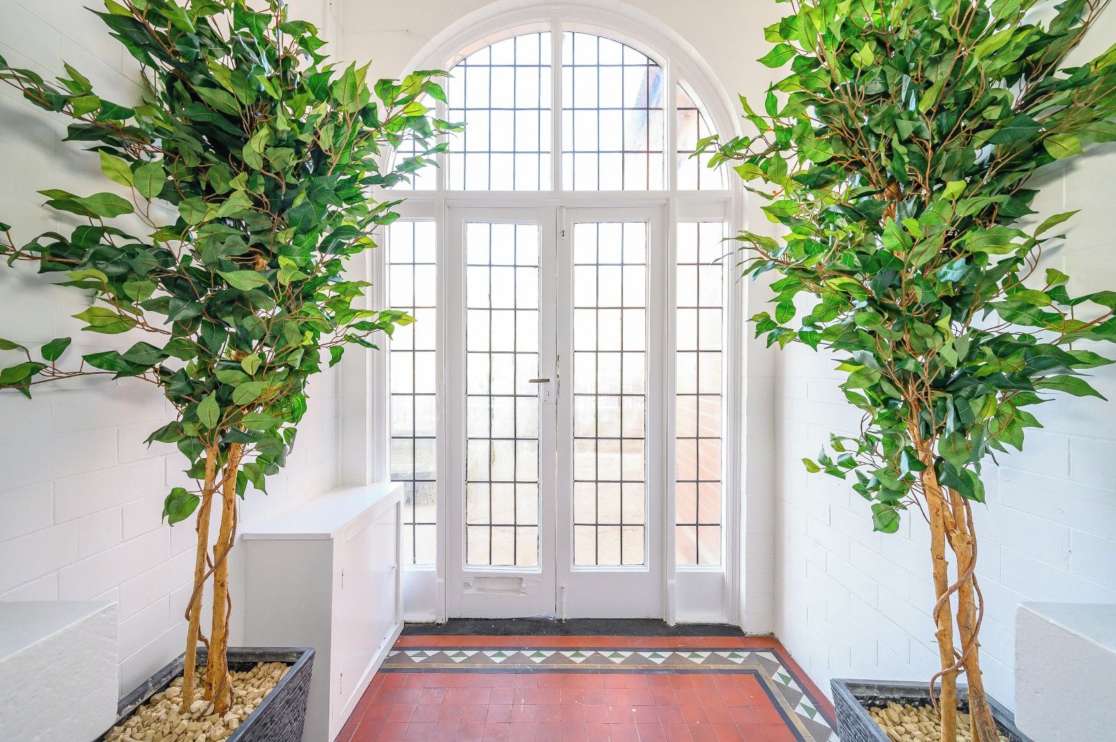 A hallway with a white door, two potted plants, and a tiled floor.