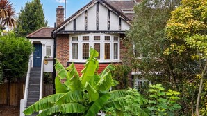 Una casa de dos pisos con entrada frontal, una escalera visible y un jardín con diversas plantas.