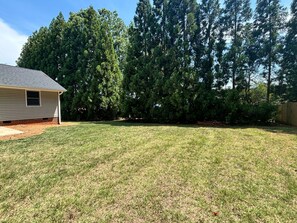 A residential backyard with a lawn, a house, and tall trees.
