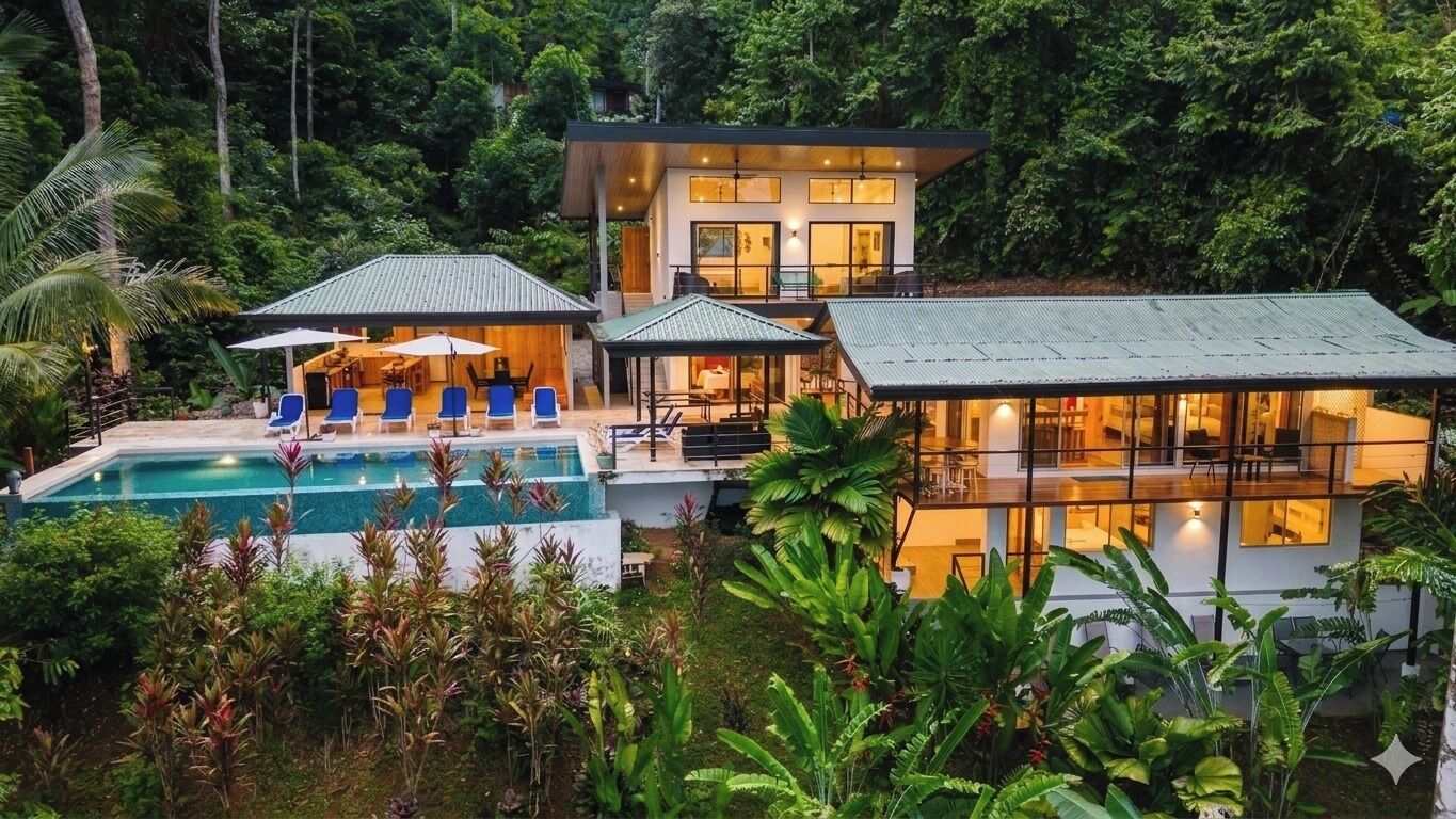 Ein modernes Haus mit Swimmingpool, umgeben von üppiger Vegetation.