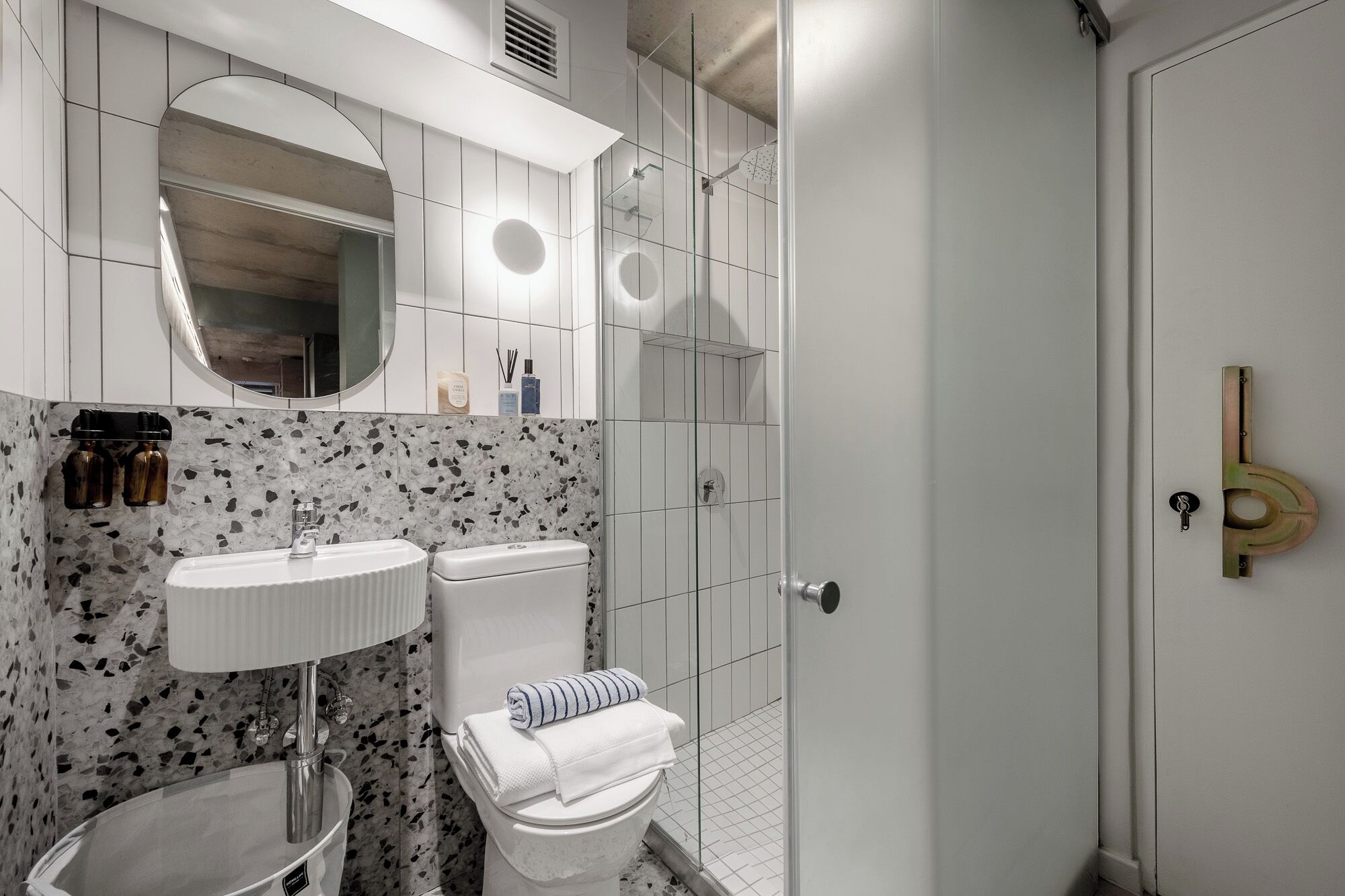 Shower, free toiletries, hair dryer, towels