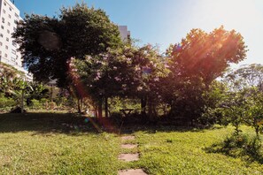 Un sendero atraviesa un parque con árboles y un edificio al fondo.