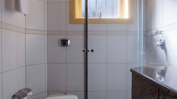 A modern bathroom with a glass-enclosed shower, a toilet, a bidet, and a vanity with a mirror.