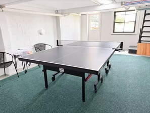 A ping pong table in a room with a green carpet, white walls, and a window. - Oceanfront Stay on Plum Island Sound (Ipswich)