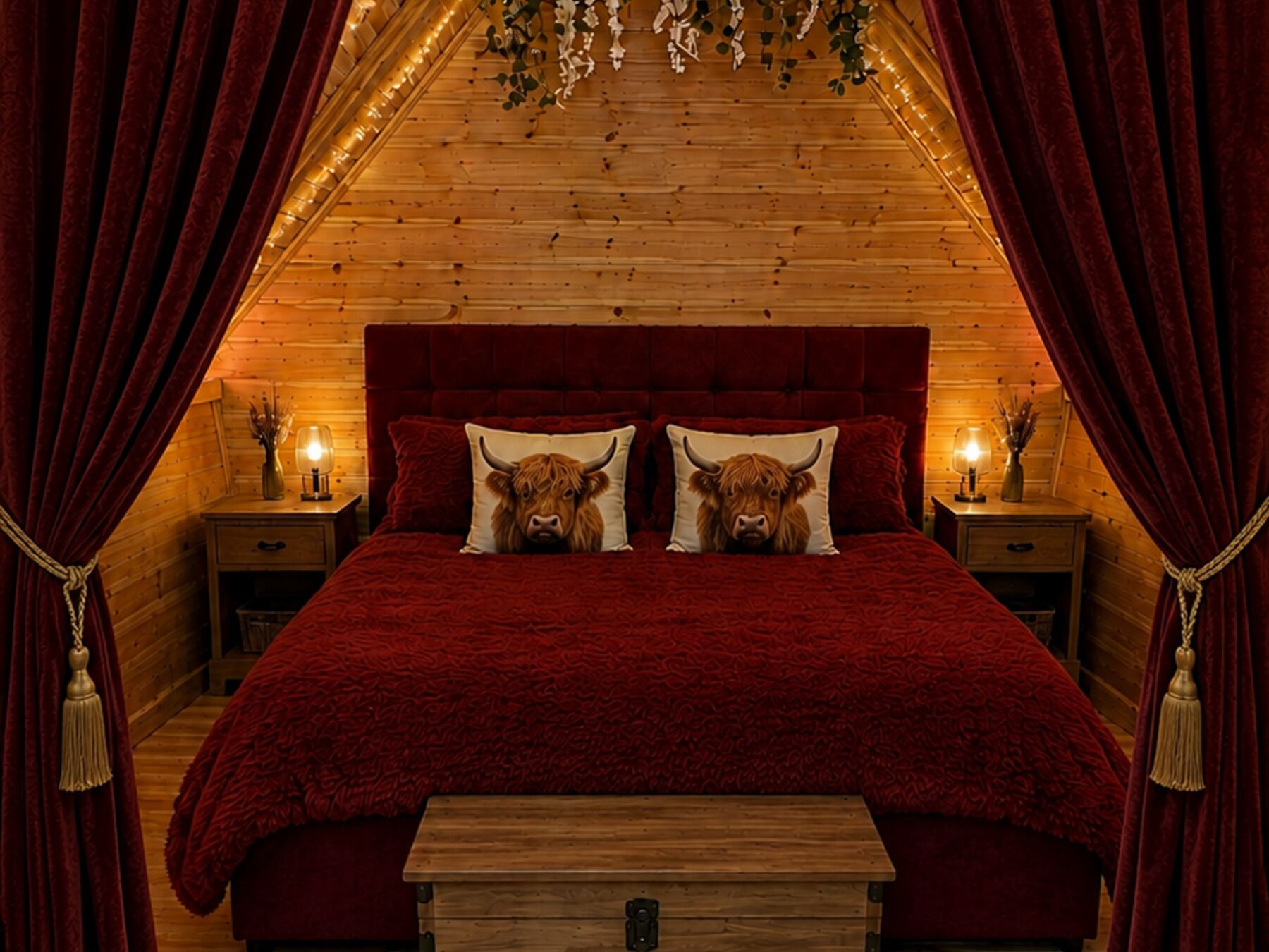 A cozy bedroom with a wooden ceiling, red curtains, and a bed with two pillows featuring a bull design.