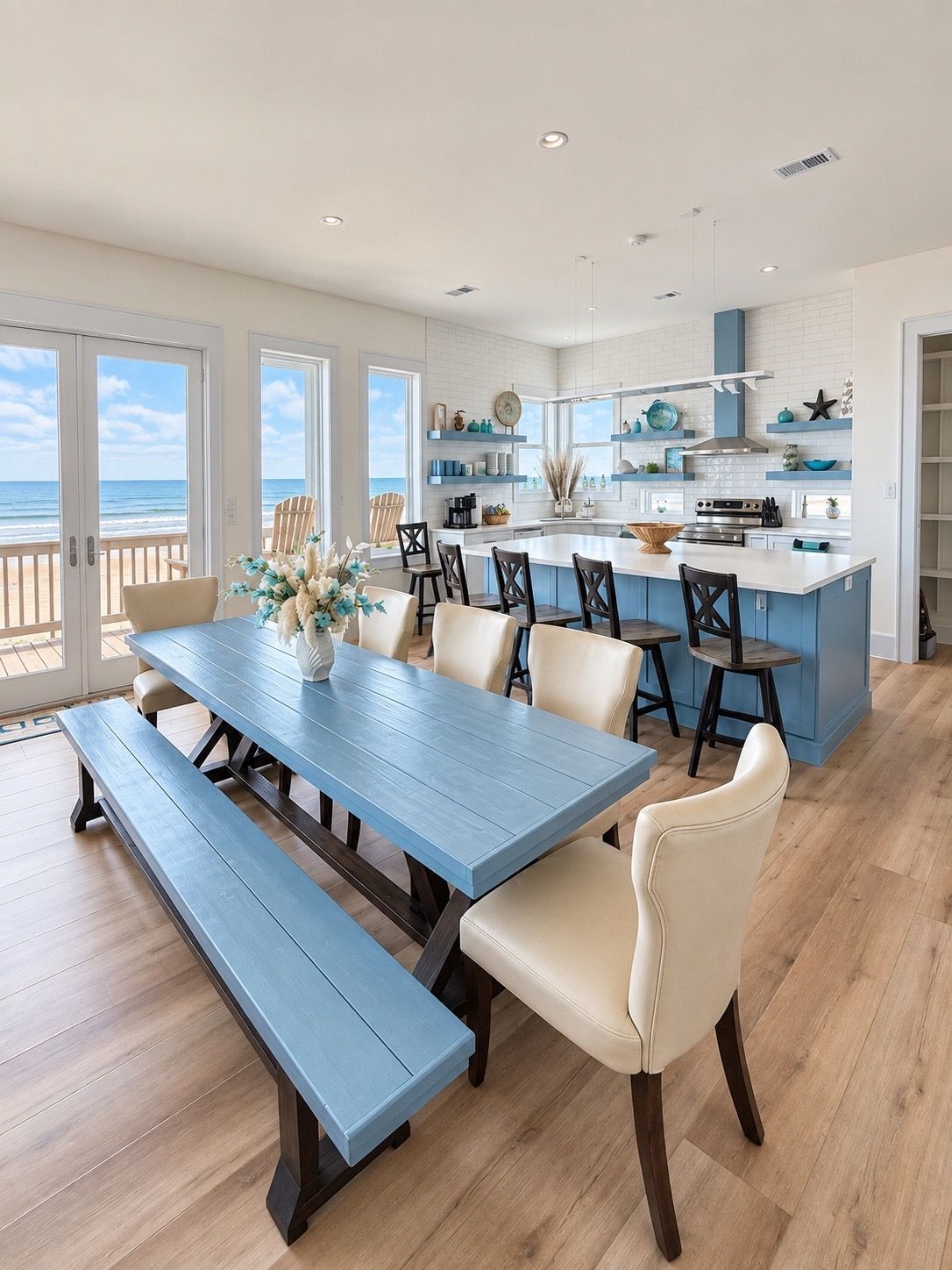A modern kitchen with a large island, open shelving with decorative items, and a view to the ocean.