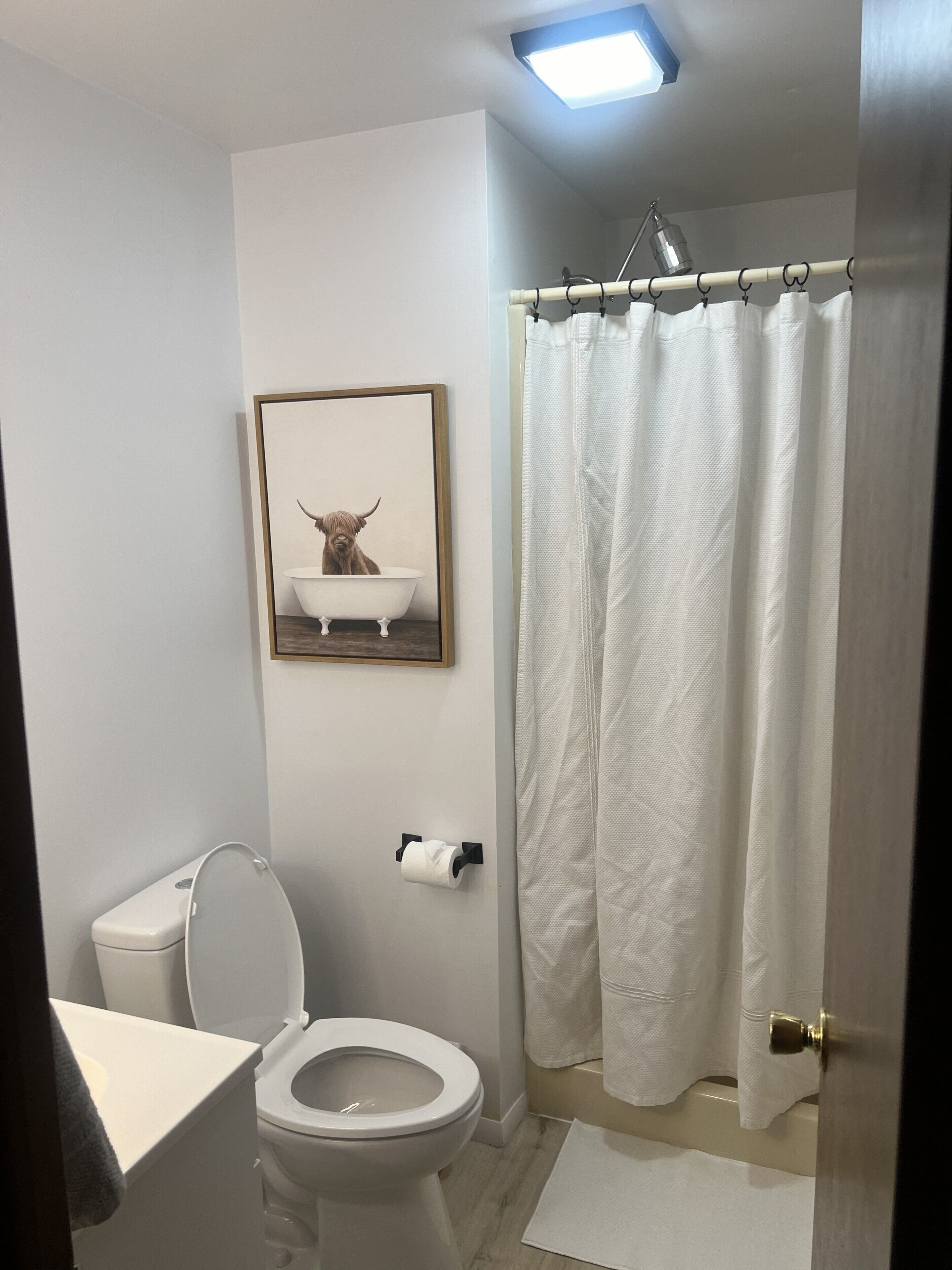 A bathroom with a toilet, a framed picture of a highland cow in a bathtub, a shower curtain, and a towel on the floor.