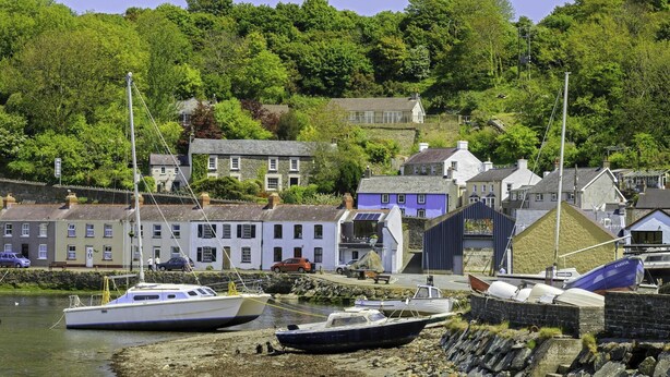 A coastal town with buildings along the shore, a dock with boats, and a hillside with dense greenery.