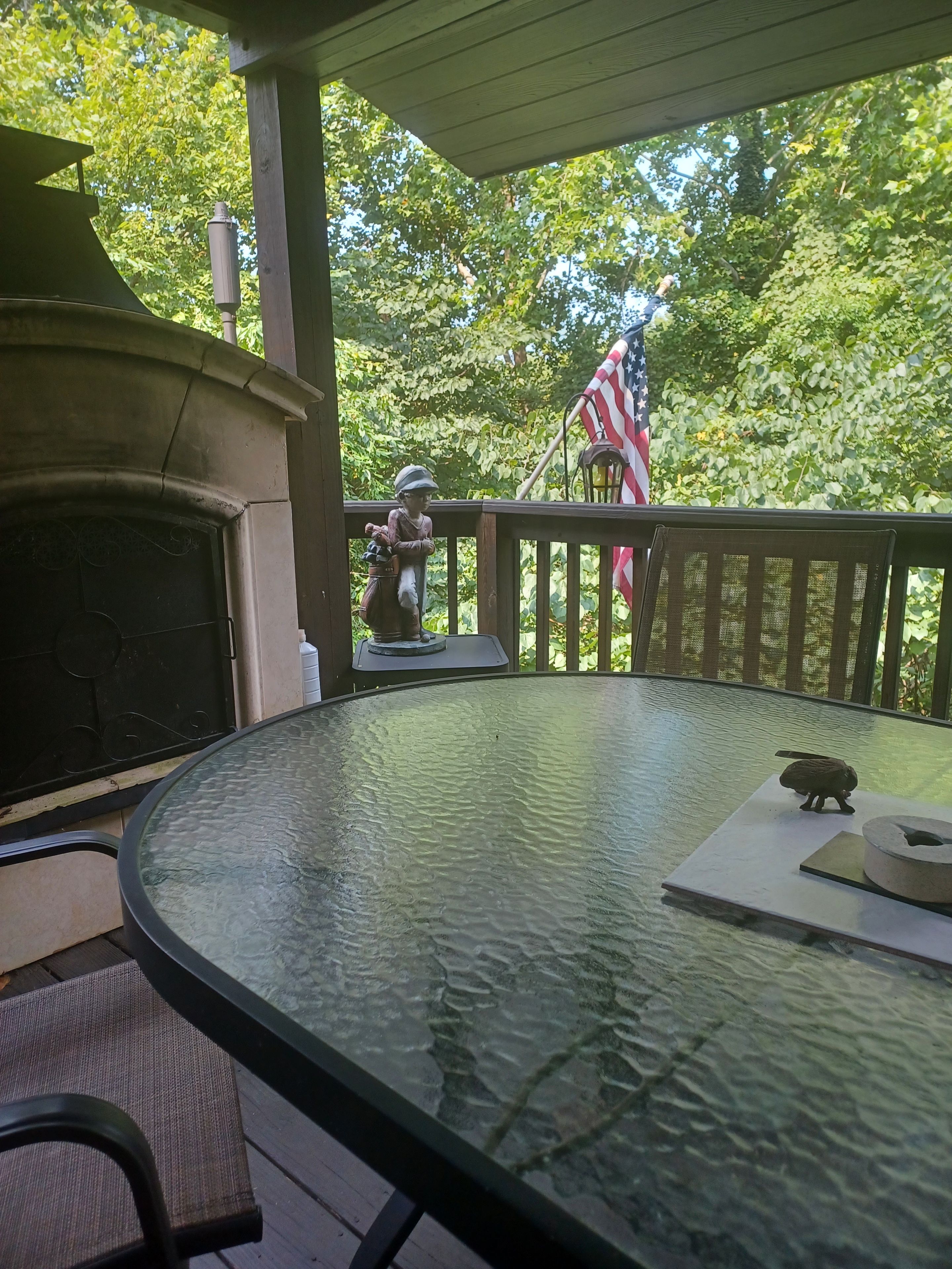 Un espace extérieur abrité, doté d’une table en verre, d’un barbecue et d’un drapeau américain.