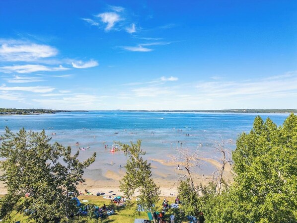 A beach with clear blue water, trees, and people.