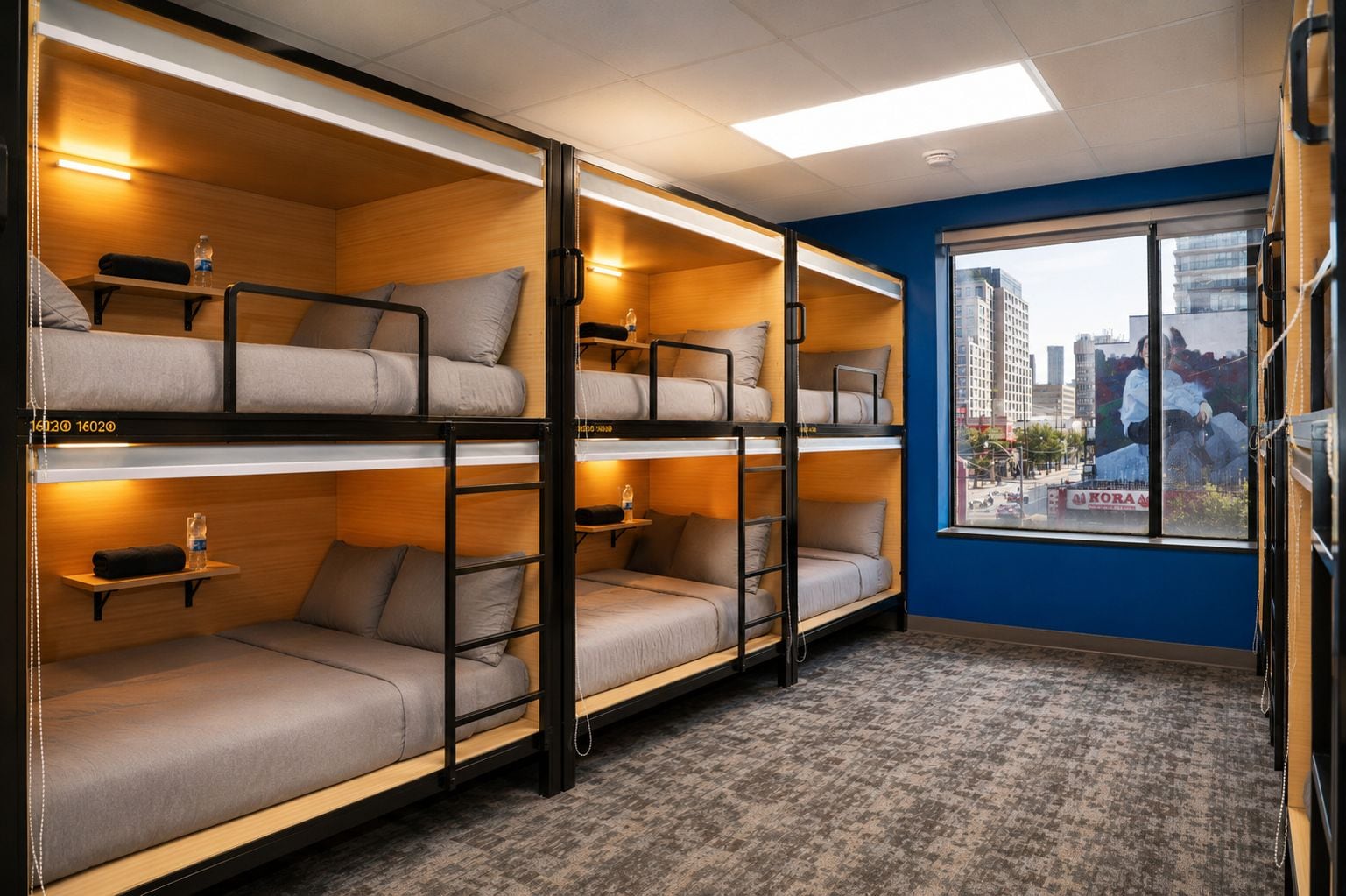 Um quarto em dormitório com beliches, janela com vista para a cidade e piso coberto de carpete.