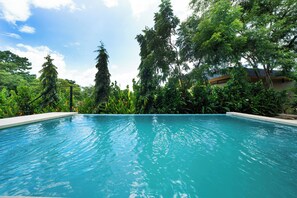 A clear blue swimming pool surrounded by lush greenery and trees. - Exclusive 4-Villa Beach Estate 11 BR • Sleeps 22 (Pinilla)