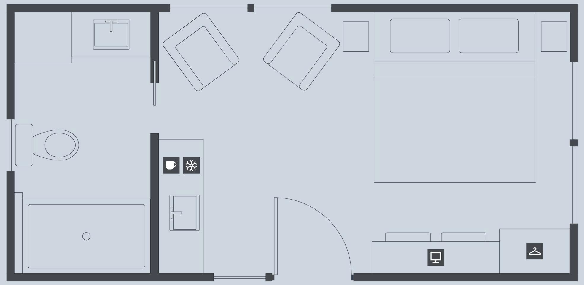 Plano de un hotel que incluye cocina, comedor, dos dormitorios, un baño y una pequeña oficina.