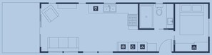 A hotel floor plan with a dining area, kitchen, and a small bar.