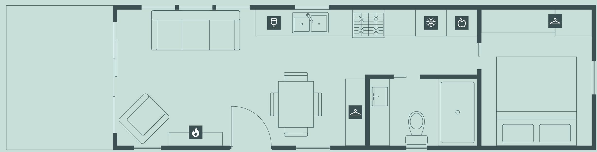 A hotel floor plan with a dining area, a kitchen, a bathroom, and a seating area.