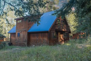 Une cabane en bois avec un toit en métal bleu, entourée d’arbres et de végétation.