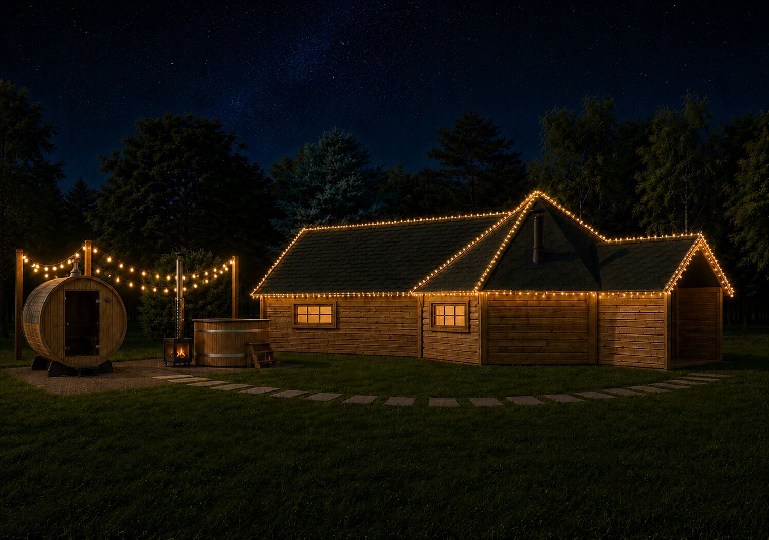 A wooden cabin with string lights, a barrel sauna, and a fire pit.